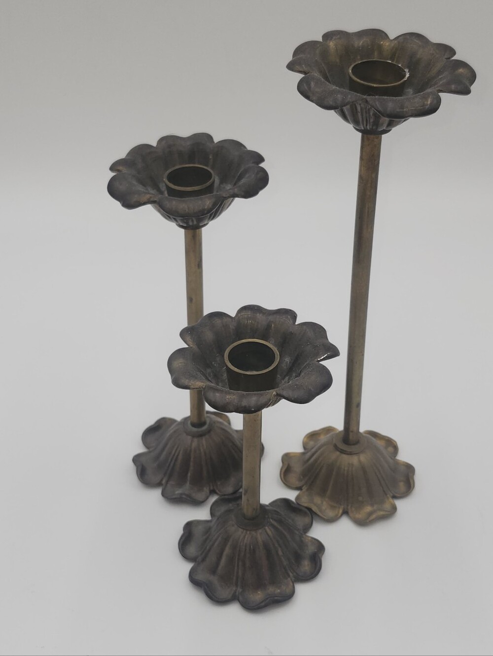 Vintage Set of 3 Brass Flower Candlestick Holders candle taper table